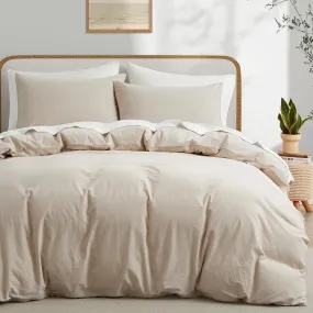 100% Cotton Duvet Cover Queen Size, Beige Fade-Resistant Linen Like Bedding Se