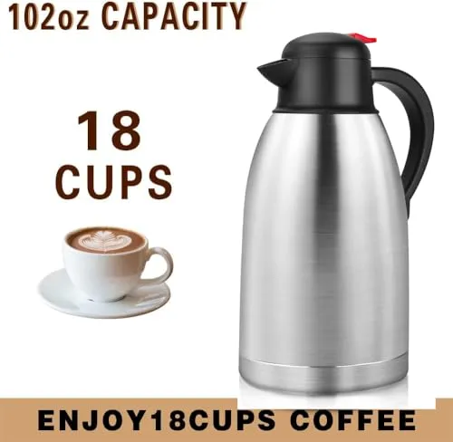 102oz Coffee Carafe Goteble 3L Insulated Thermos Urn Stainless Steel Vacuum Thermal Pot Flask for Hot Beverage/Water, Tea - Keep 12/24 Hours Hot/Cold