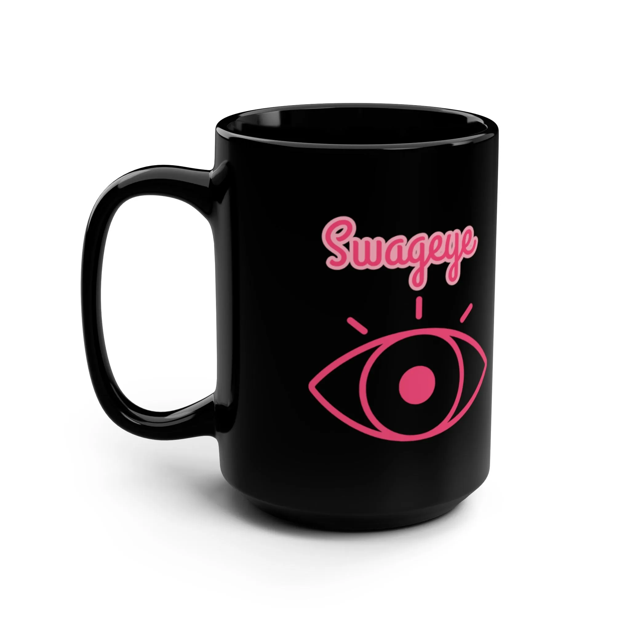 15oz Black Mug Swageye Coffee Cup with Hot Pink Logo