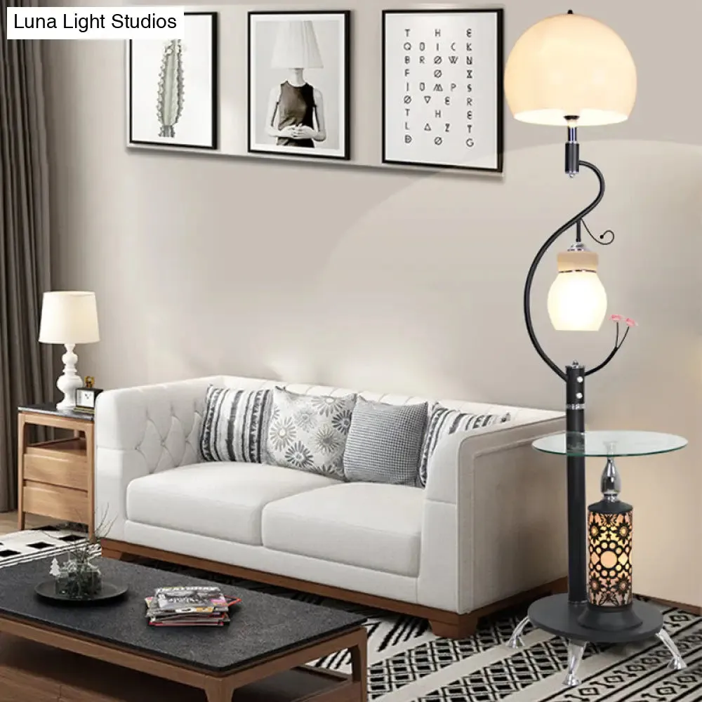 2-Bulb Countryside Style Black/White Dome Shade Floor Lamp with Beveled Crystal Accents