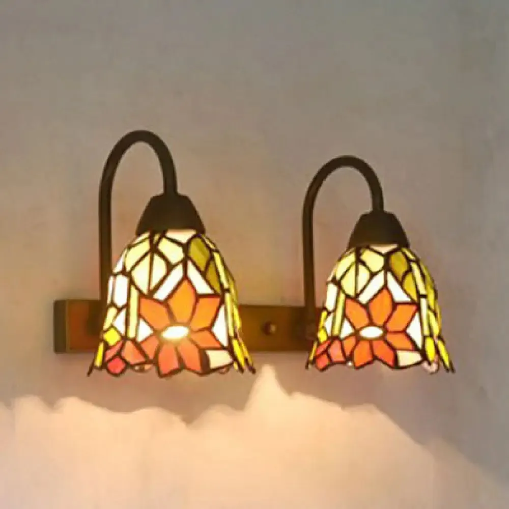 2-Head Tiffany Glass Wall Sconce Light in Flared Red/Purple/Pink with Flower Pattern