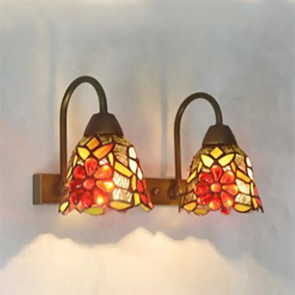 2-Head Tiffany Glass Wall Sconce Light in Flared Red/Purple/Pink with Flower Pattern