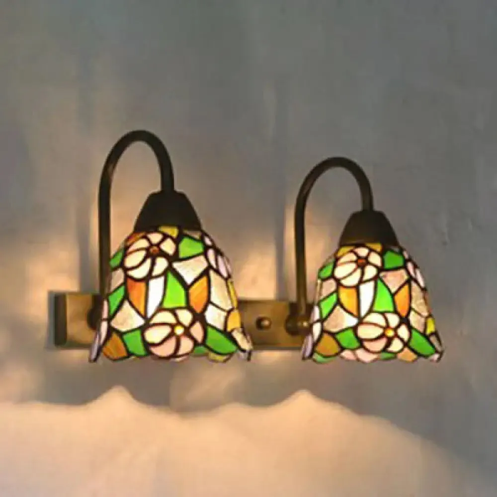 2-Head Tiffany Glass Wall Sconce Light in Flared Red/Purple/Pink with Flower Pattern