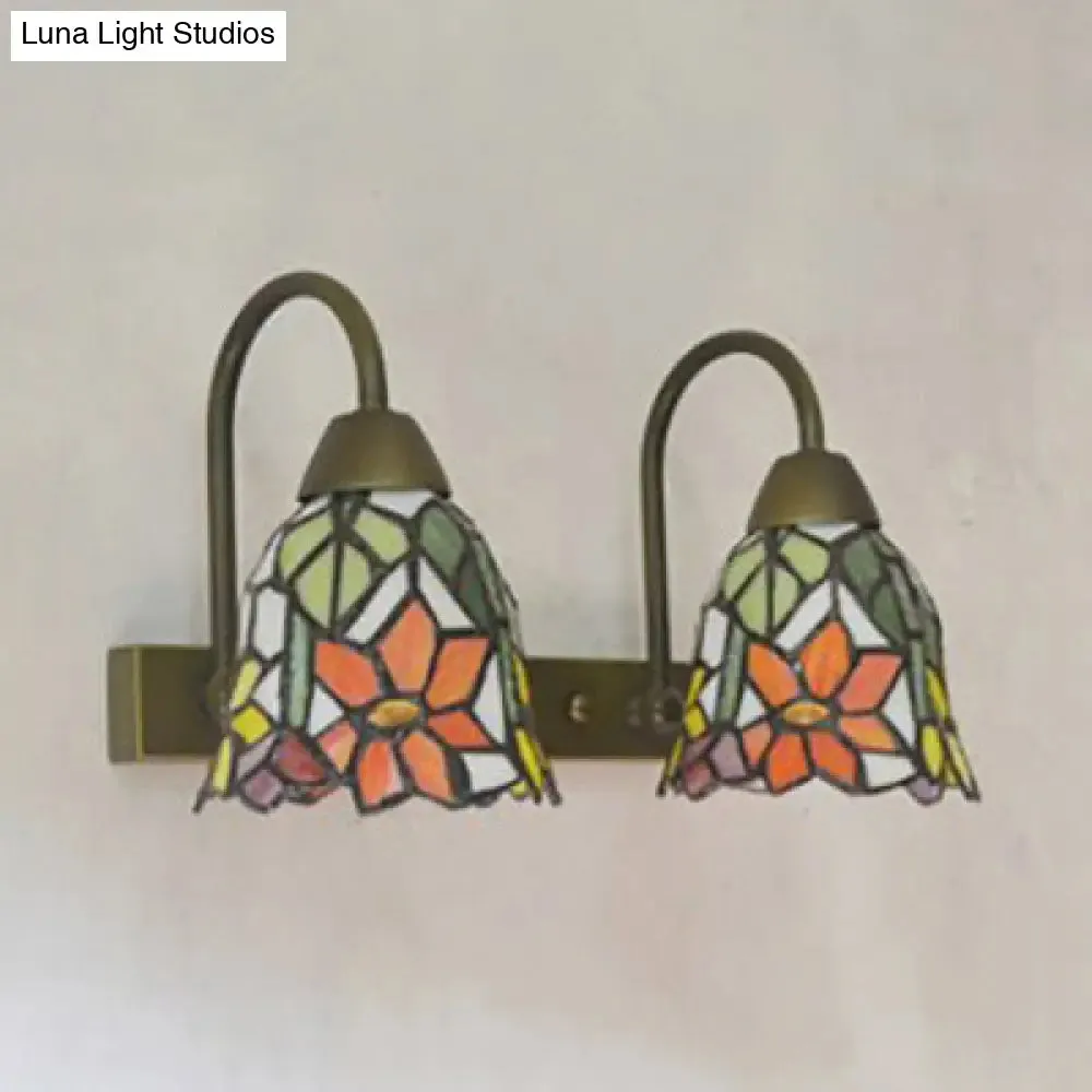 2-Head Tiffany Glass Wall Sconce Light in Flared Red/Purple/Pink with Flower Pattern