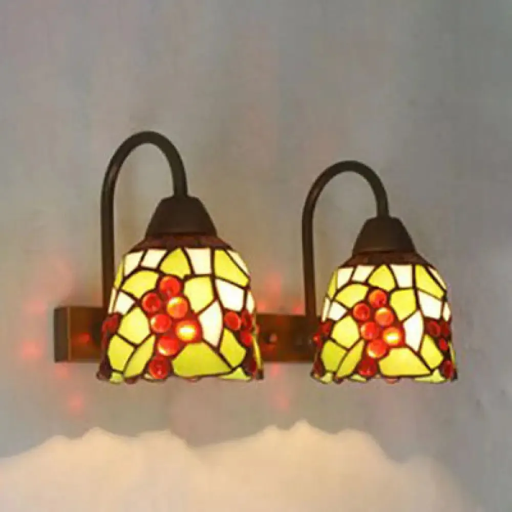 2-Head Tiffany Glass Wall Sconce Light in Flared Red/Purple/Pink with Flower Pattern