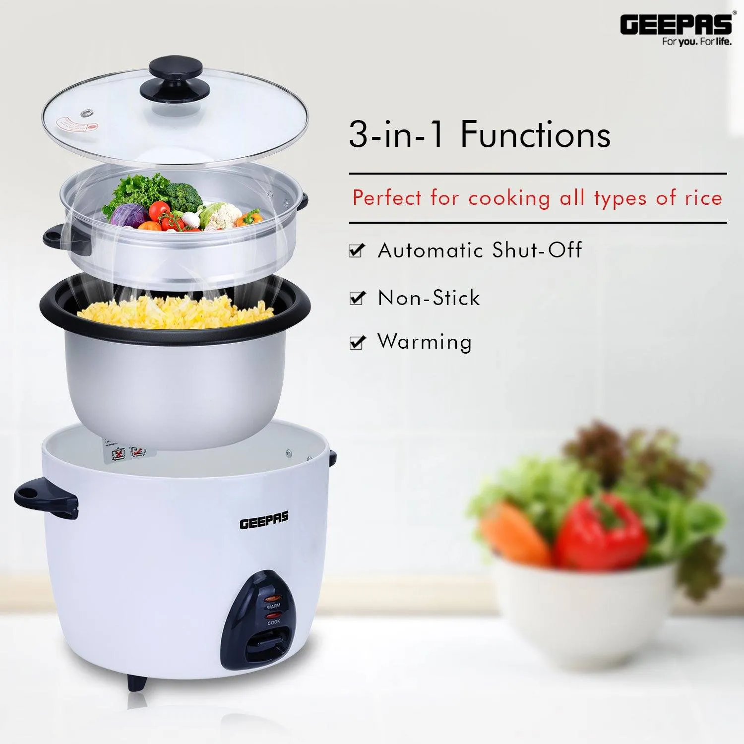 2.2L White Electric Rice Cooker With Steamer