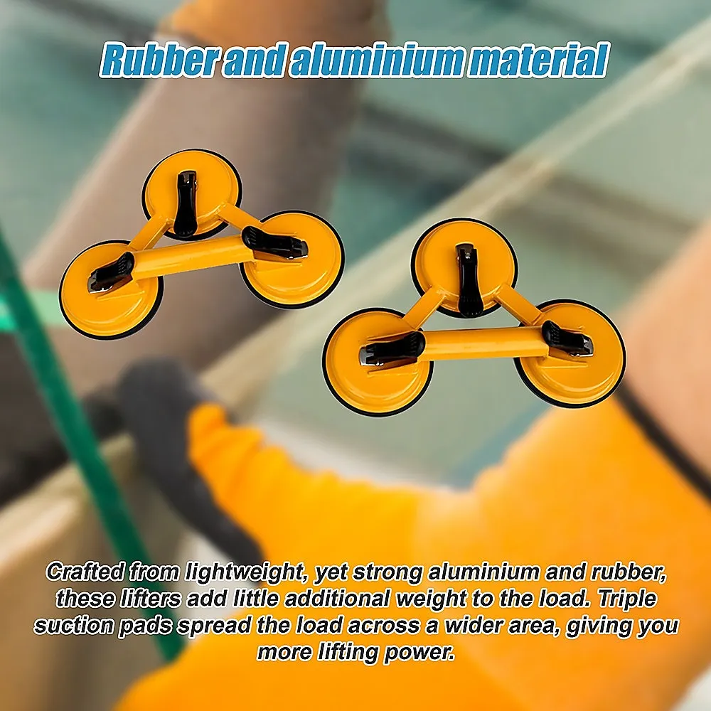 2x 150kg Triple Suction Cup Glass Lifters, Aluminum-Rubber