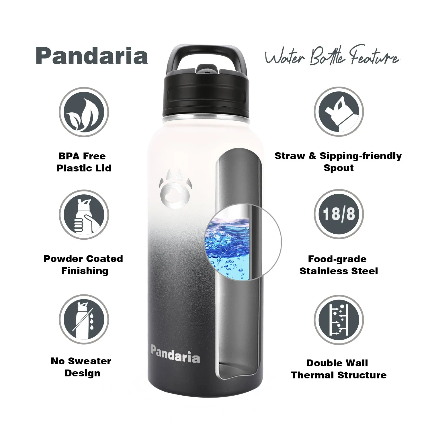 32oz Vacuum Insualed Water Bottle Stainless Steel Sports Canteen with Lids and Straws, Panda