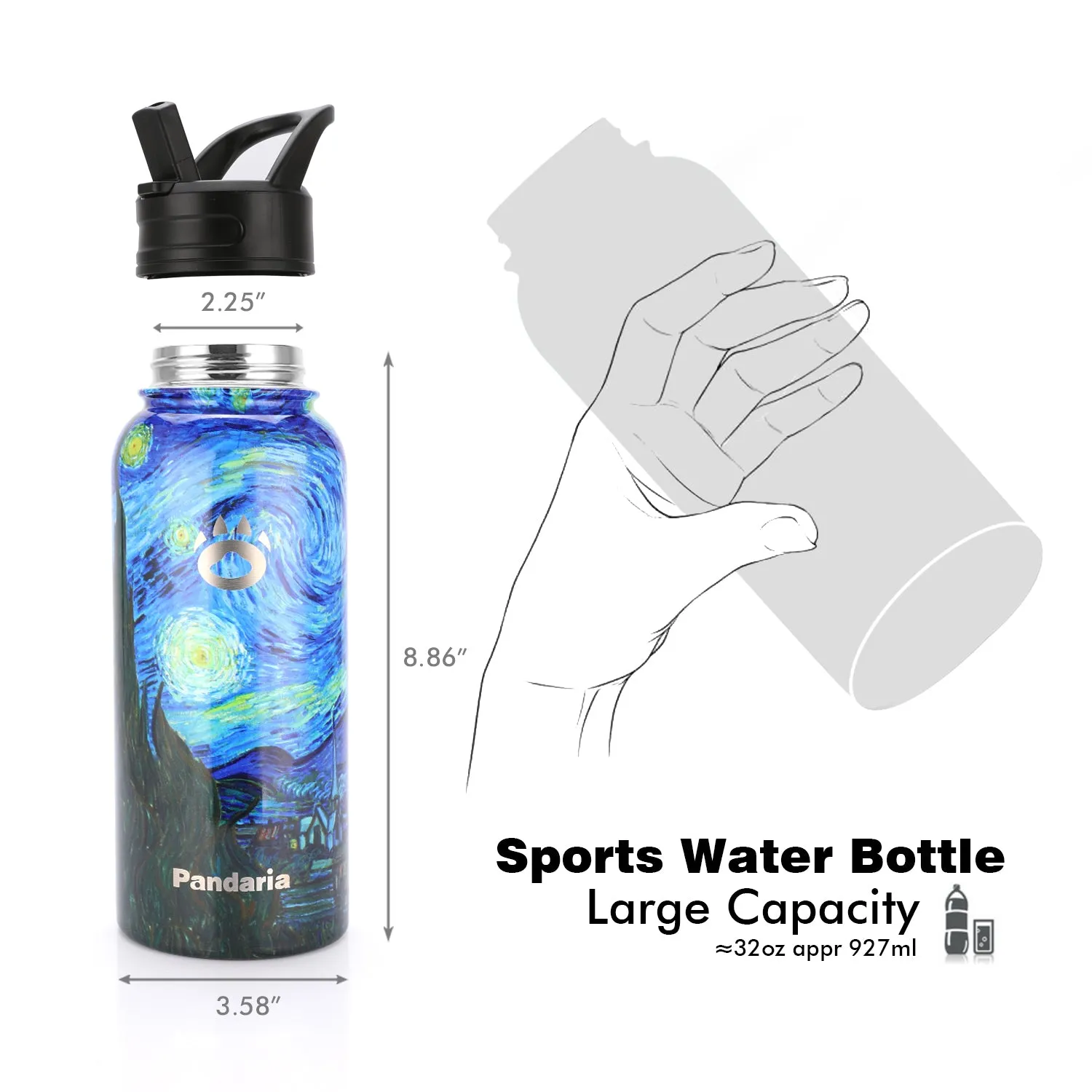 32oz Vacuum Insualed Water Bottle Stainless Steel Sports Canteen with Lids and Straws, Starry Night