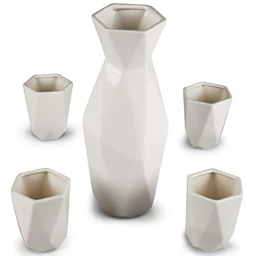 5 Piece Traditional Porcelain Japanese Sake Set, White - 1 18 oz Tokkuri Bottle and 4 Ochko Cups - Unique Modern Design - Great Holiday and Housewarming Gift