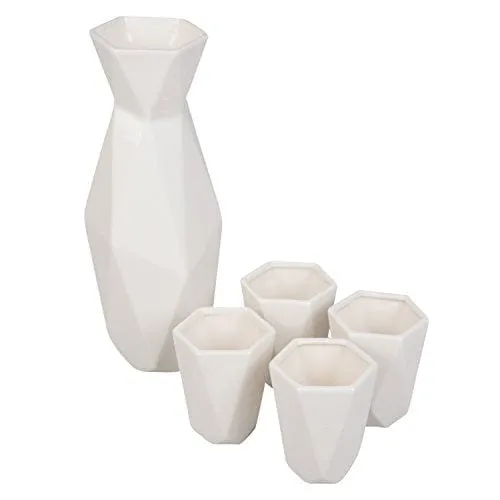 5 Piece Traditional Porcelain Japanese Sake Set, White - 1 18 oz Tokkuri Bottle and 4 Ochko Cups - Unique Modern Design - Great Holiday and Housewarming Gift