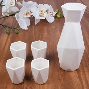 5 Piece Traditional Porcelain Japanese Sake Set, White - 1 18 oz Tokkuri Bottle and 4 Ochko Cups - Unique Modern Design - Great Holiday and Housewarming Gift