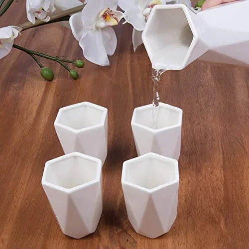 5 Piece Traditional Porcelain Japanese Sake Set, White - 1 18 oz Tokkuri Bottle and 4 Ochko Cups - Unique Modern Design - Great Holiday and Housewarming Gift