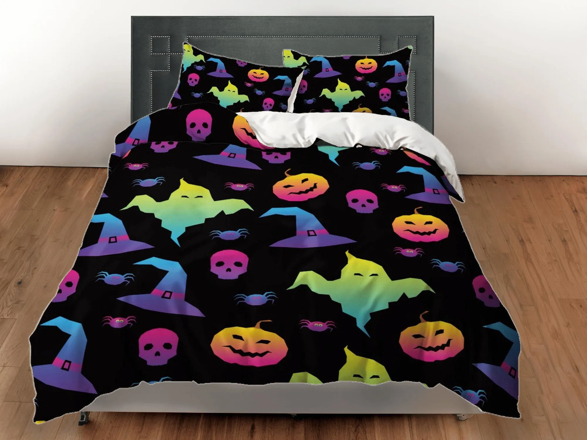 90s neon halloween bedding & pillowcase, gothic duvet cover, dorm bedding, halloween decor goth bedding, halloween gift, toddler bedding