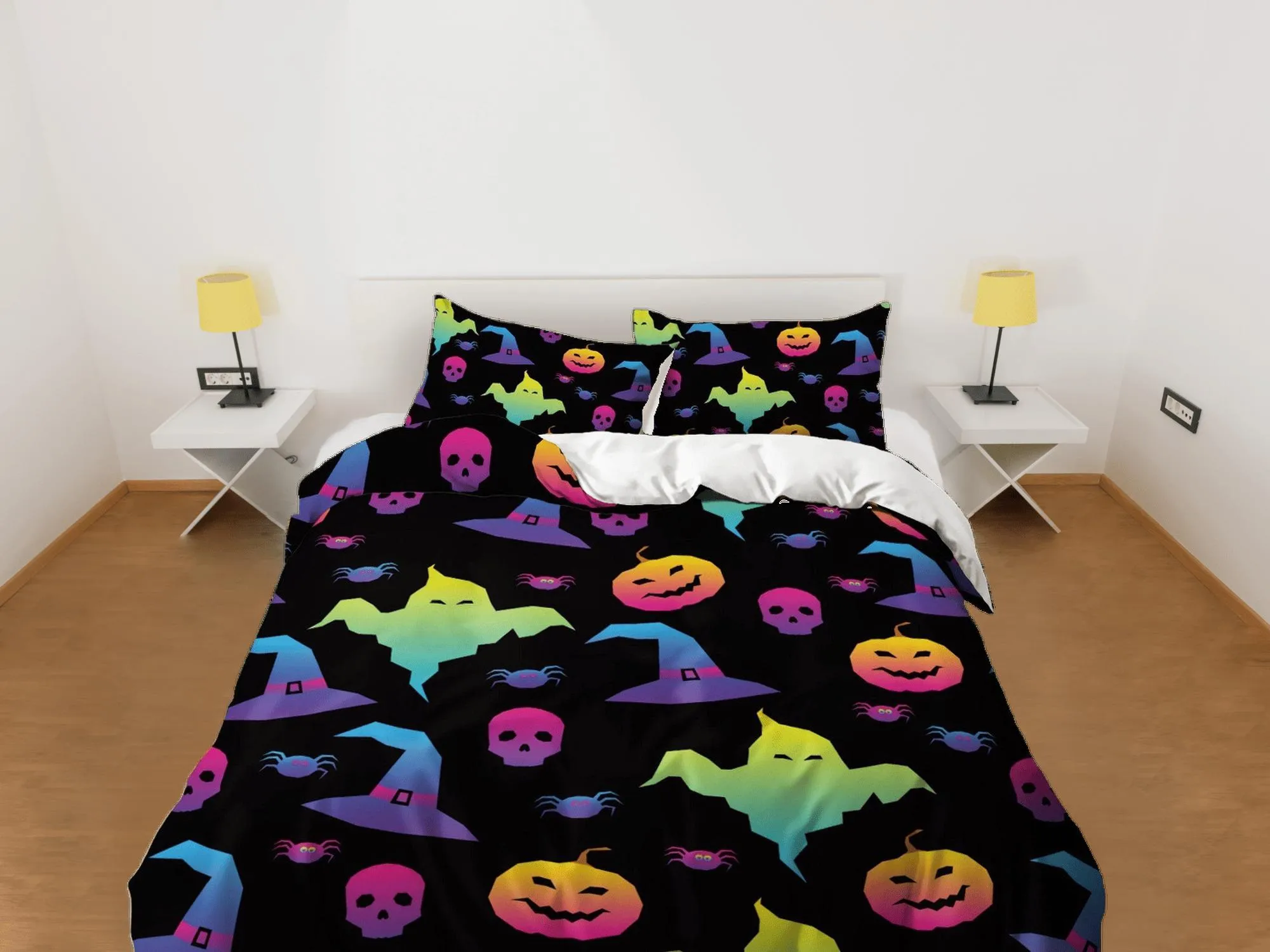 90s neon halloween bedding & pillowcase, gothic duvet cover, dorm bedding, halloween decor goth bedding, halloween gift, toddler bedding