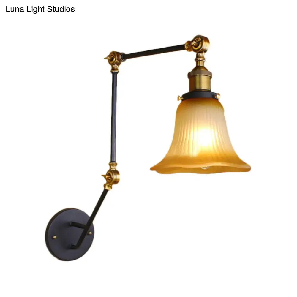 Adjustable Arm Amber Glass Black Wall Sconce with Bell Shade - 1-Light Industrial Light Fixture