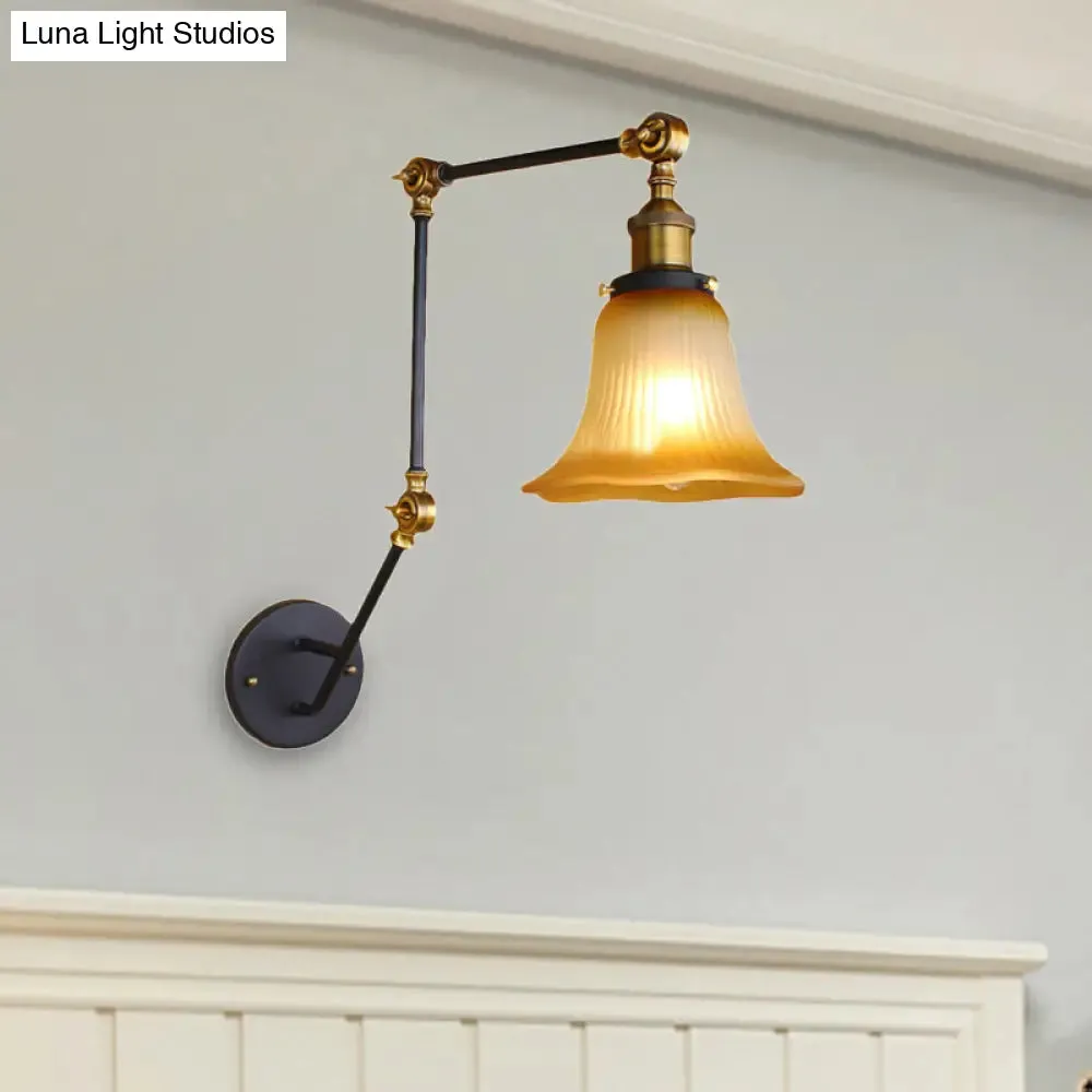 Adjustable Arm Amber Glass Black Wall Sconce with Bell Shade - 1-Light Industrial Light Fixture