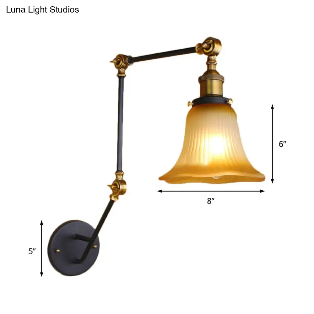 Adjustable Arm Amber Glass Black Wall Sconce with Bell Shade - 1-Light Industrial Light Fixture