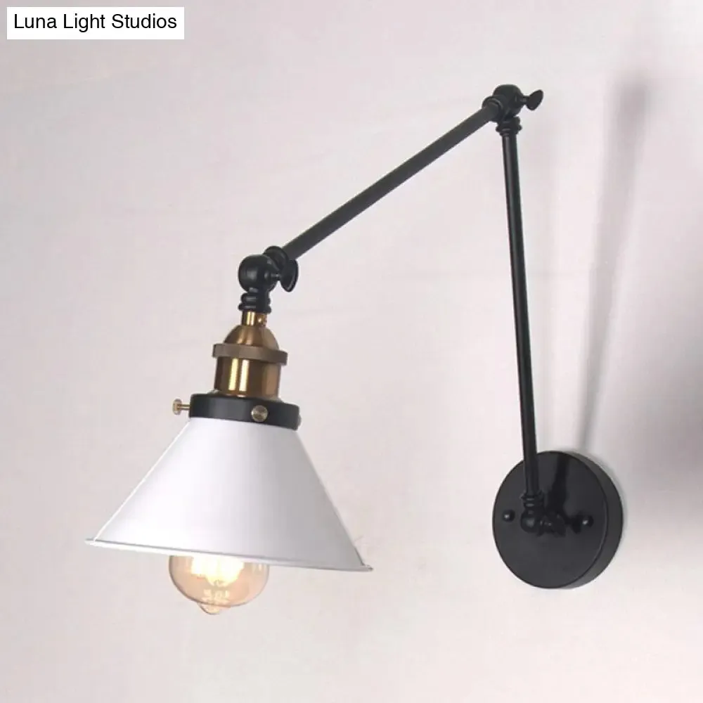 Adjustable Wall Lamp with Metal Cone Shade - Retro Indoor Sconce Light in Black/White