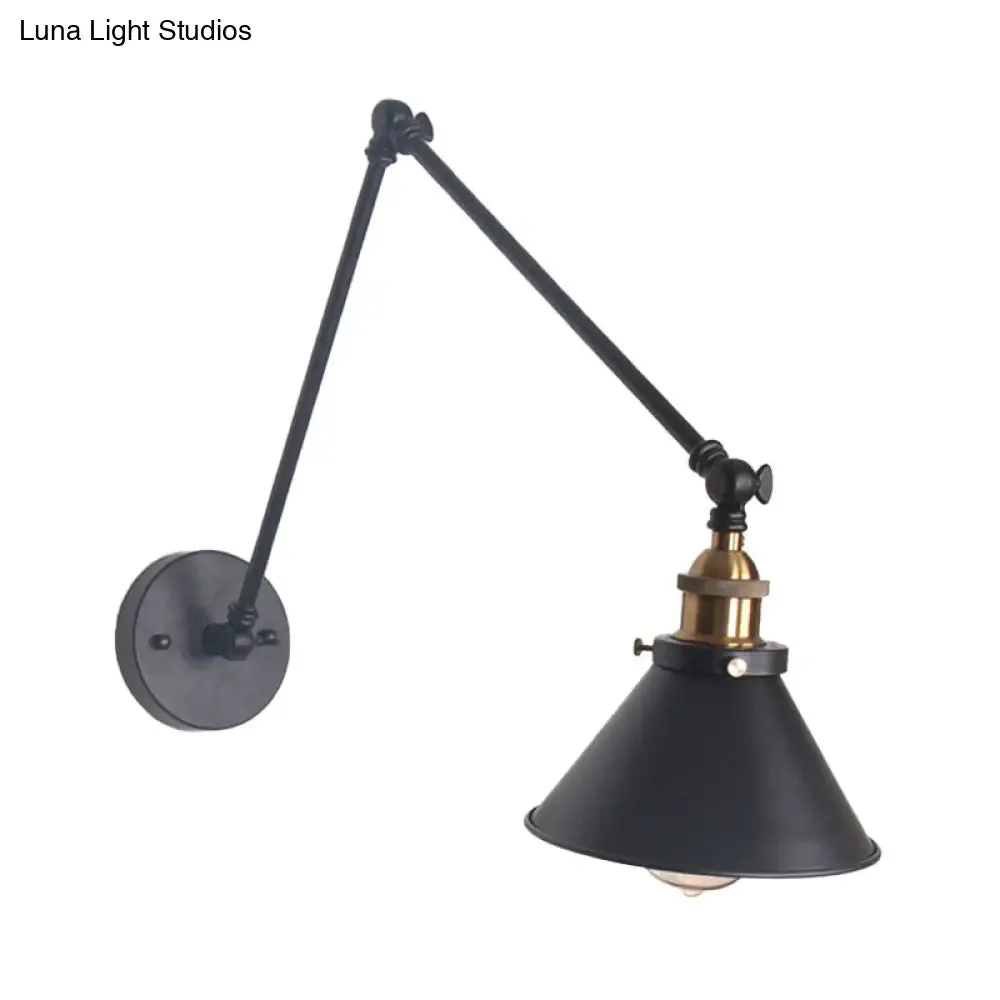 Adjustable Wall Lamp with Metal Cone Shade - Retro Indoor Sconce Light in Black/White