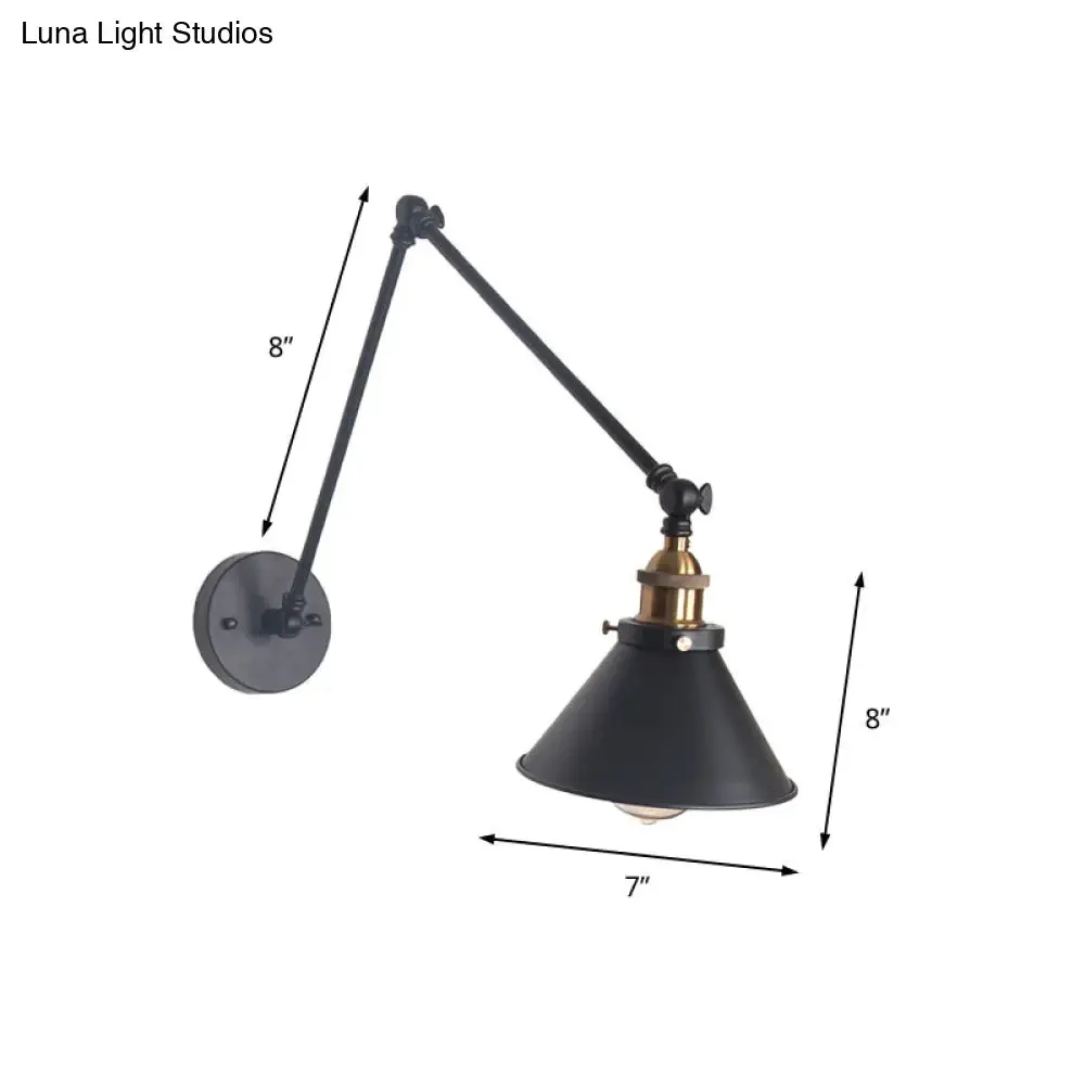 Adjustable Wall Lamp with Metal Cone Shade - Retro Indoor Sconce Light in Black/White