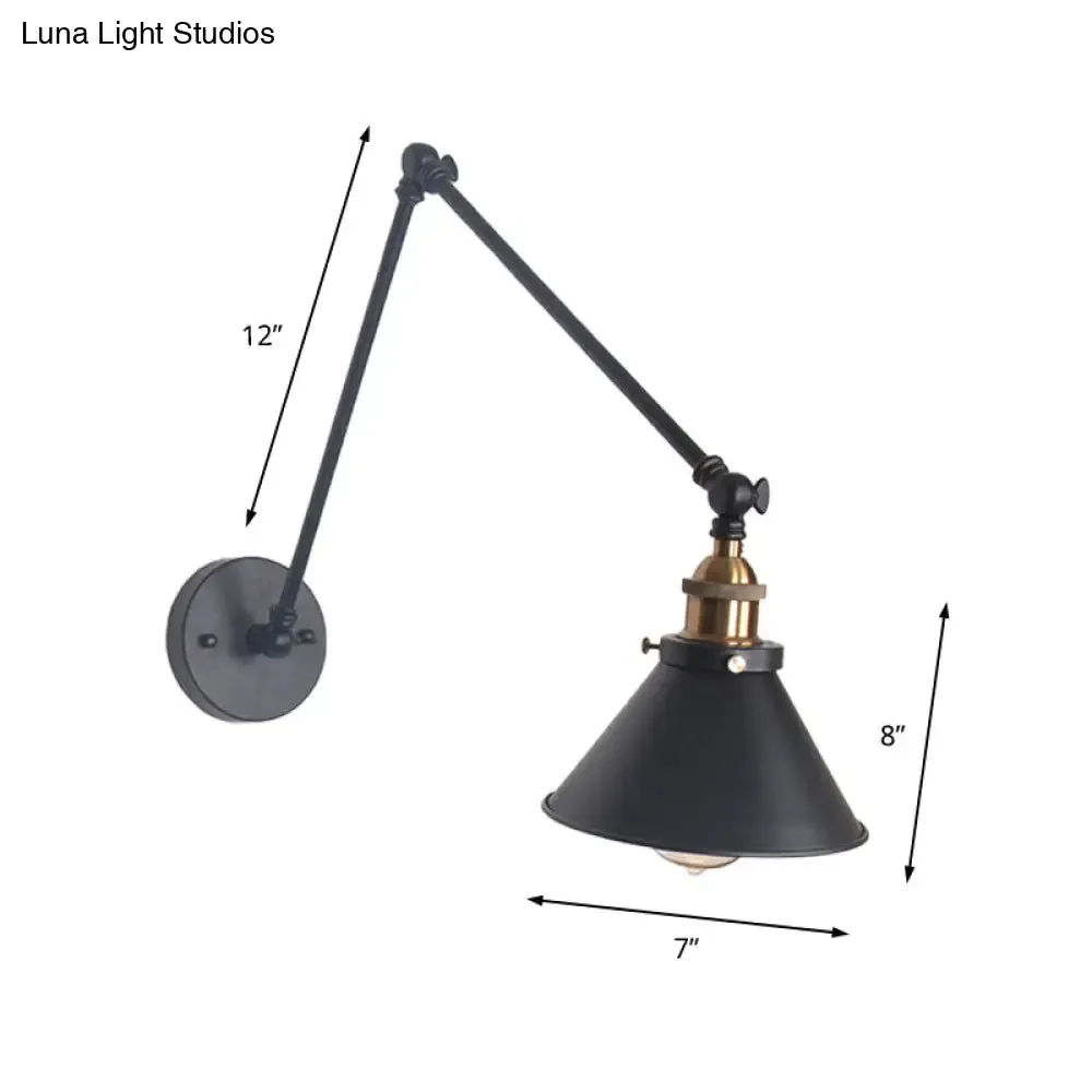 Adjustable Wall Lamp with Metal Cone Shade - Retro Indoor Sconce Light in Black/White