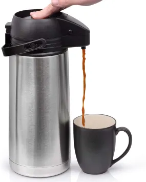 Airpot Coffee Dispenser with Easy Push Button | Stainless Steel | Double-Wall Vacuum Insulated Thermos | Effectively Keeps Beverages Hot or Cold