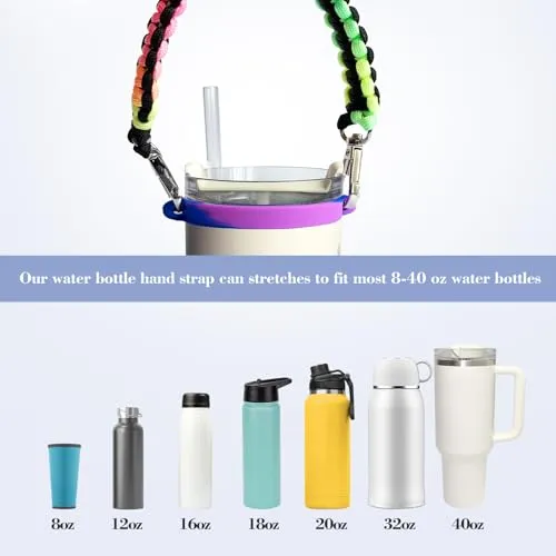 ALOOF Water Bottle Hand Strap, Silicone and Paracord Water Bottle Carrier, Sturdy Sling with Strap, Fits Most 8-40oz Water Bottles, Compatible for Stanley Cup Accessories-Dark-Rainbow