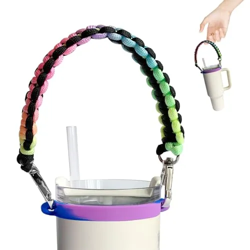 ALOOF Water Bottle Hand Strap, Silicone and Paracord Water Bottle Carrier, Sturdy Sling with Strap, Fits Most 8-40oz Water Bottles, Compatible for Stanley Cup Accessories-Dark-Rainbow