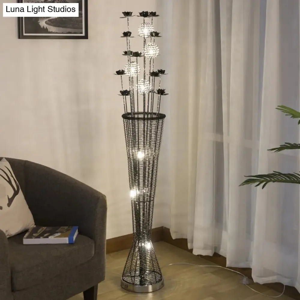 Aluminum LED Standing Lamp- Black-Silver, Decorative Tapered Design for Reading with Bloom and Ball Décor