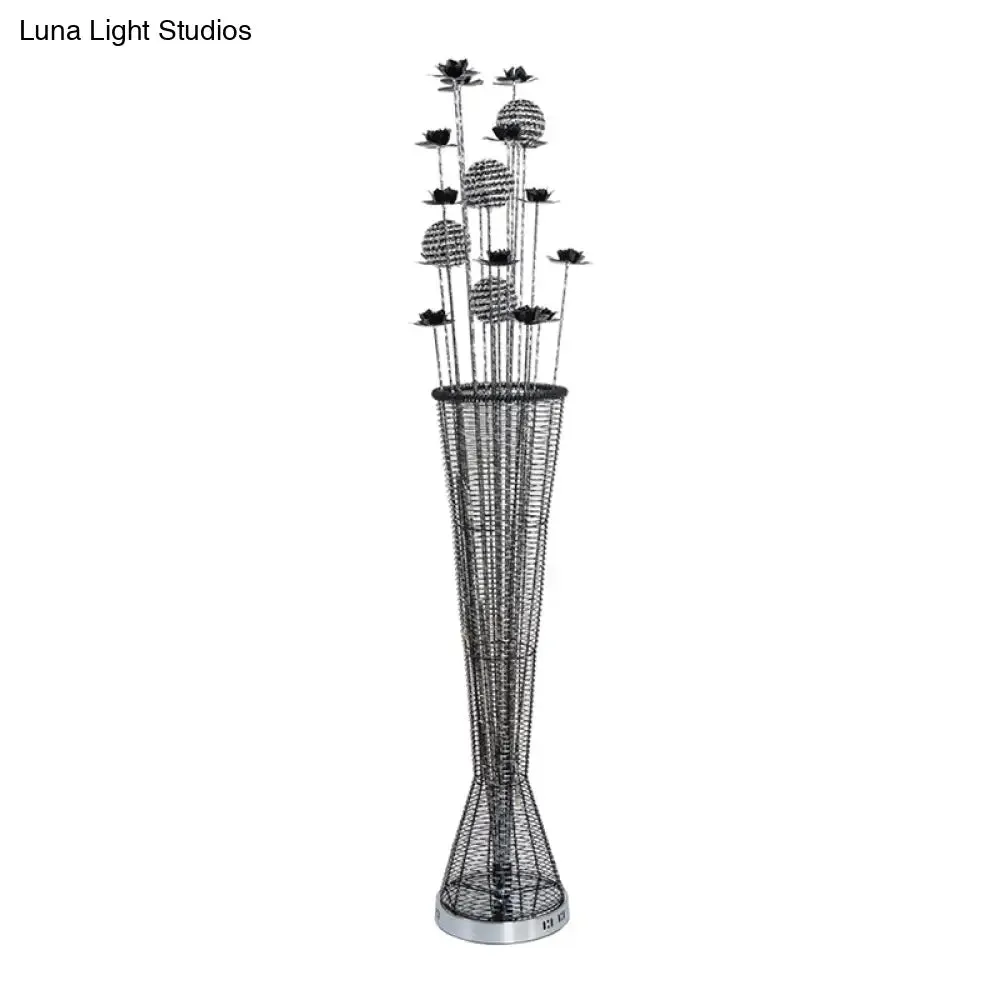 Aluminum LED Standing Lamp- Black-Silver, Decorative Tapered Design for Reading with Bloom and Ball Décor