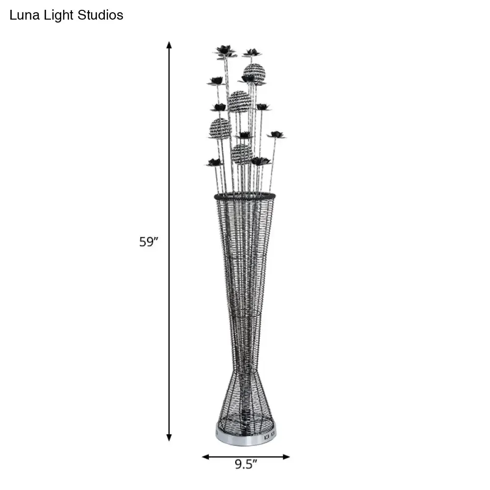 Aluminum LED Standing Lamp- Black-Silver, Decorative Tapered Design for Reading with Bloom and Ball Décor