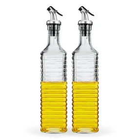 Amazon Brand - Solimo Oil Dispenser with Spout; Leak-proof, Dust-proof, Messy-pour-free, Silica Glass, Striped Design, Set of 2, 500 ml