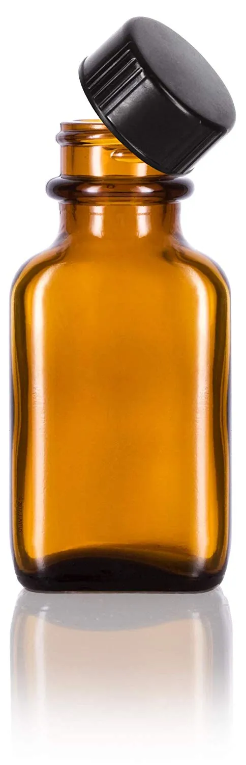 Amber Glass Rectangle Bottle with Black Phenolic Cap - 1 oz / 30 ml