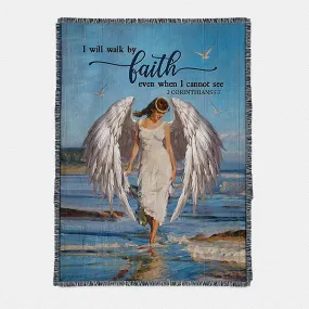 Angel Wings Ocean I Will Walk By Faith Woven Throw Boho Blanket - Christian Woven Throw Blanket Prints - Bible Verse Woven Throw Blanket Art