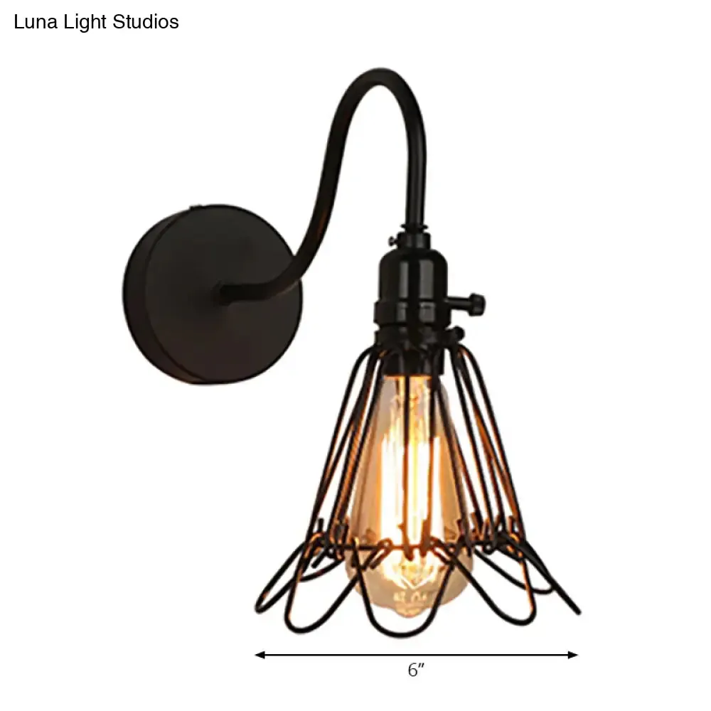 Antique Black Wire Frame Restaurant Wall Sconce Light with Stylish Petal Design