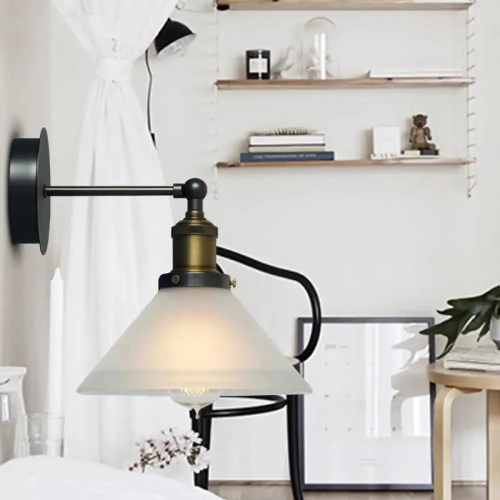 Antique Brass Cone Wall Sconce with Frosted Glass and 1 Bulb for Industrial Lighting