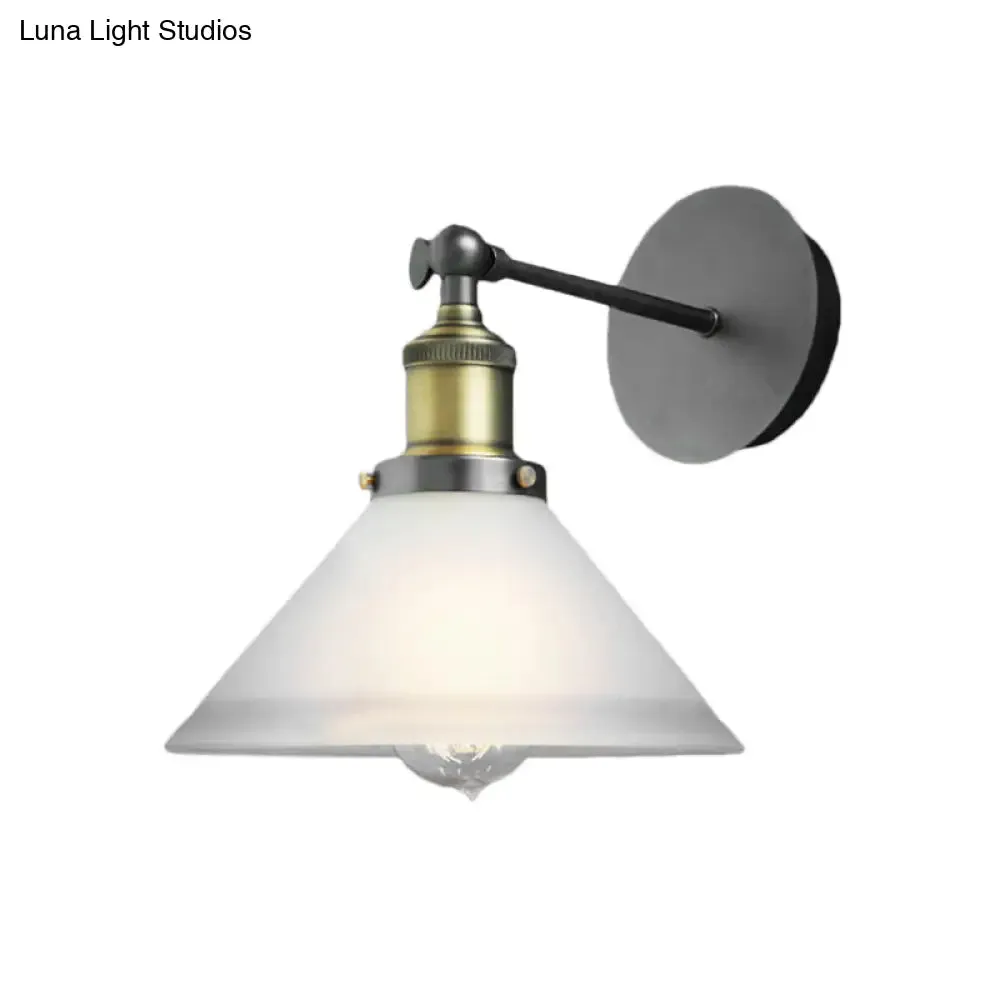 Antique Brass Cone Wall Sconce with Frosted Glass and 1 Bulb for Industrial Lighting