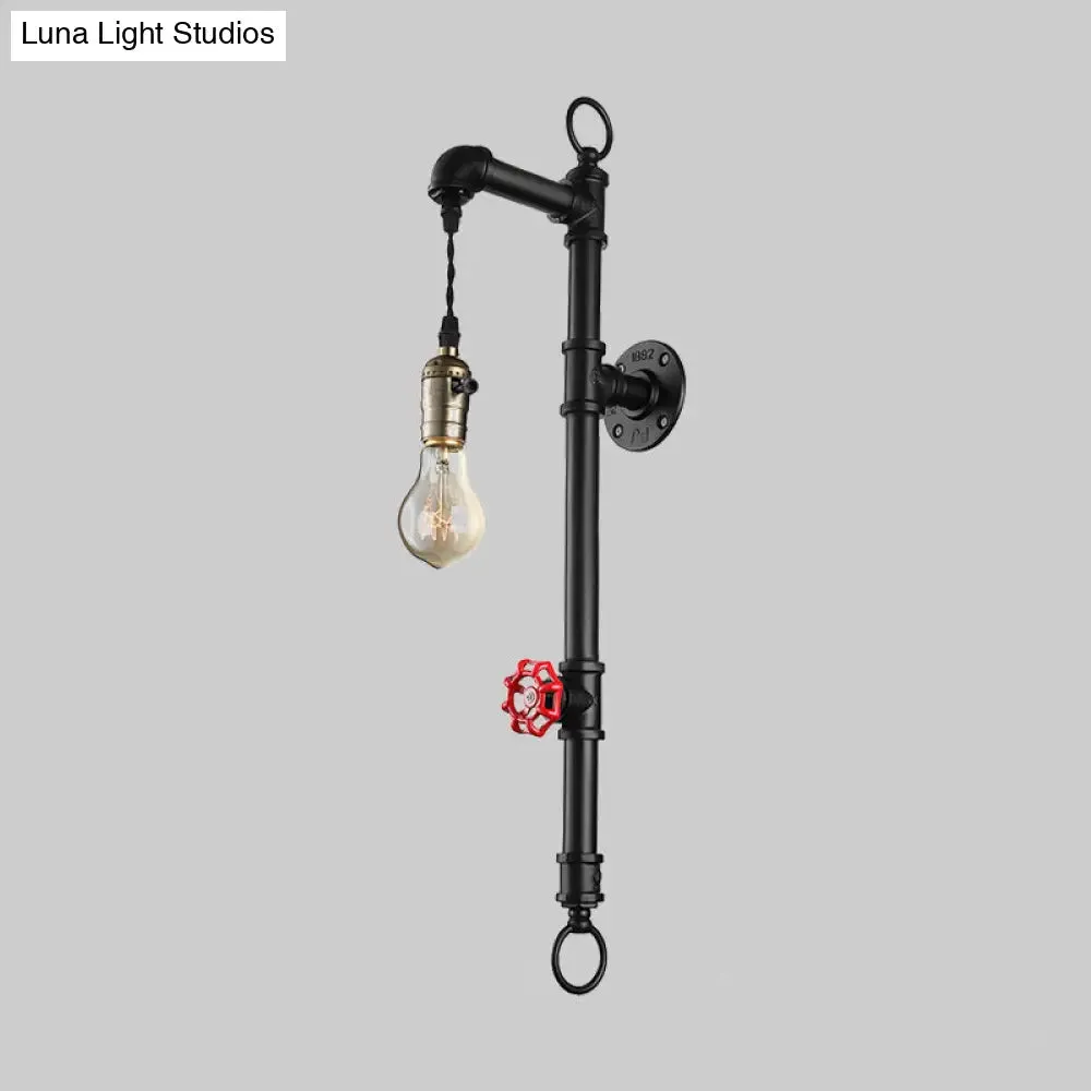 Antique Industrial Metal 1-Bulb Black Water Pipe Wall Mount Sconce Light for Dining Room with Valve