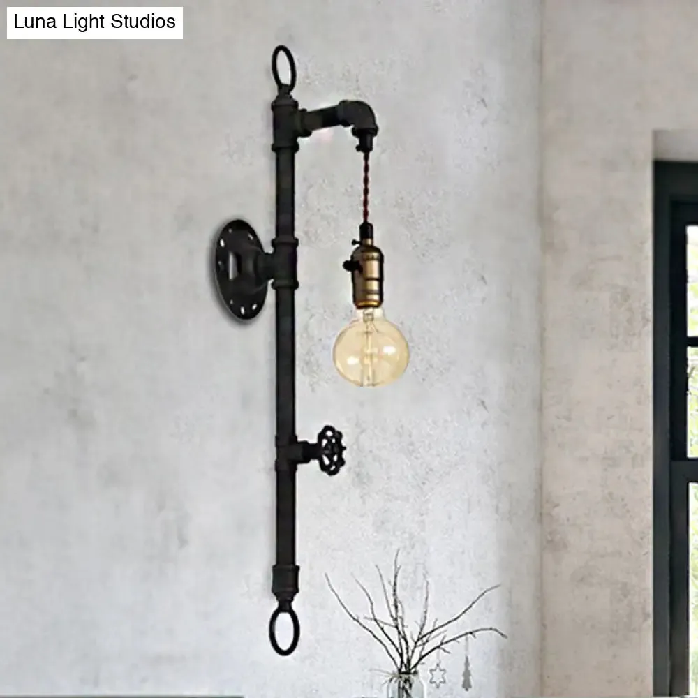 Antique Industrial Metal 1-Bulb Black Water Pipe Wall Mount Sconce Light for Dining Room with Valve