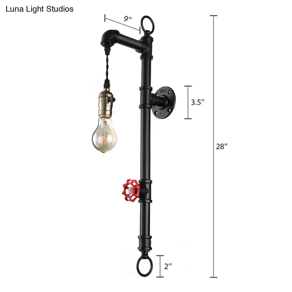 Antique Industrial Metal 1-Bulb Black Water Pipe Wall Mount Sconce Light for Dining Room with Valve