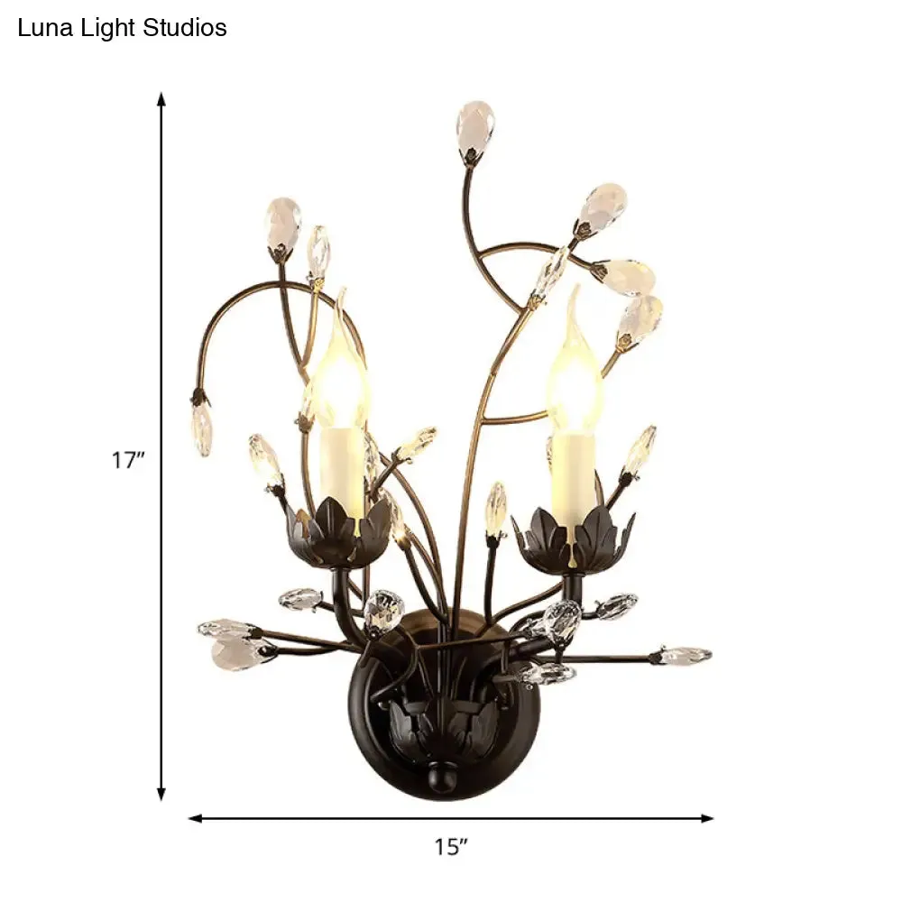 Antique Metal Wall Sconce with Crystal Accents - Elegant Black Flower Design, 2 Lights - Perfect for Living Room