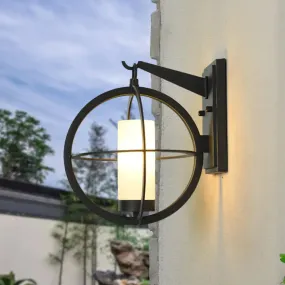 Antique Opaque Glass Wall Lamp for Courtyard - Cylindrical Design, Black Spherical Frame