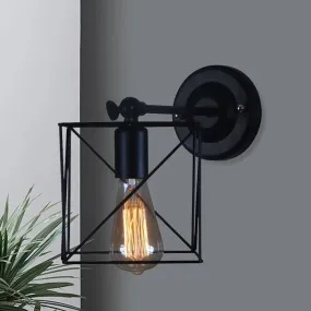 Antique Style Metal Wall Lamp with Black Cage Shade - Perfect for Bedroom Wall