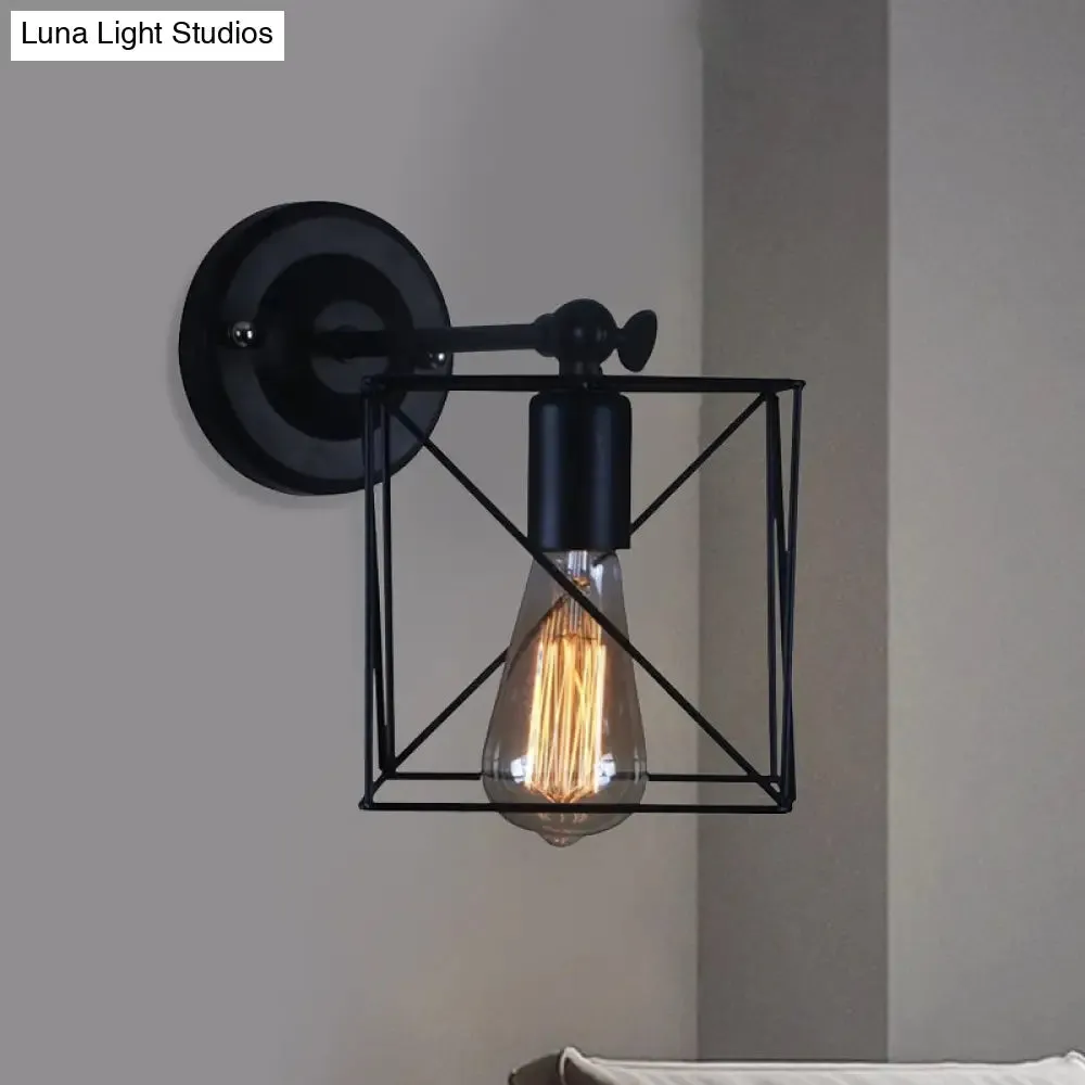 Antique Style Metal Wall Lamp with Black Cage Shade - Perfect for Bedroom Wall