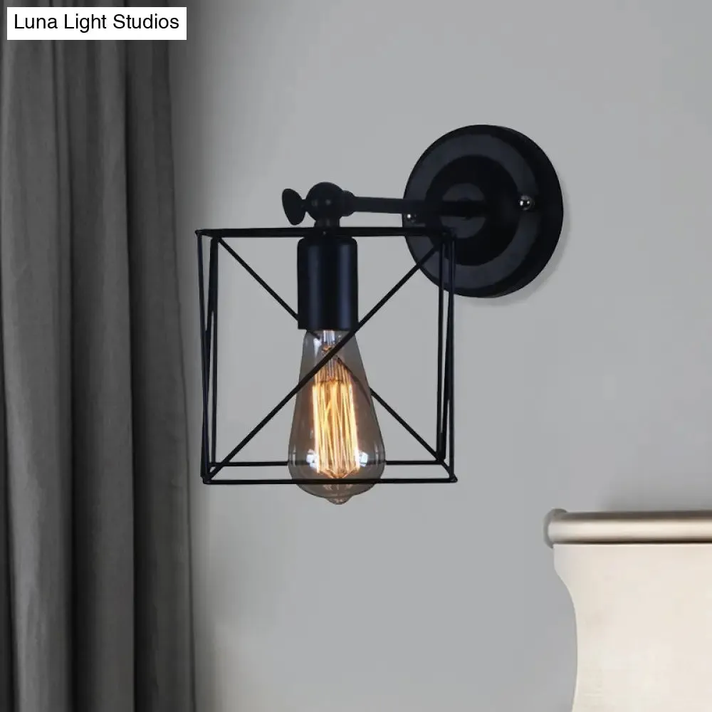 Antique Style Metal Wall Lamp with Black Cage Shade - Perfect for Bedroom Wall