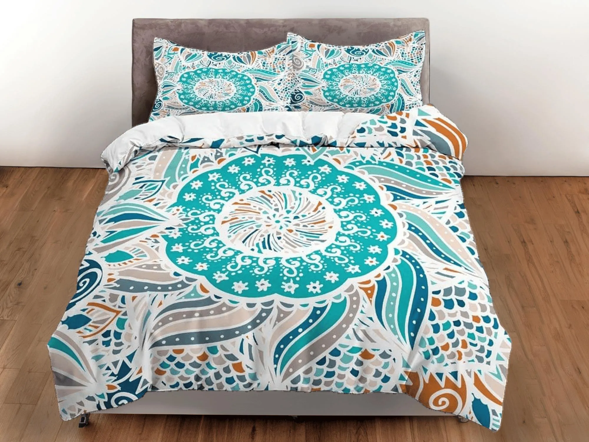 Aqua sea green patchwork quilt fish scales printed duvet cover set, aesthetic bedding set full, king, queen size, boho bedspread shabby chic