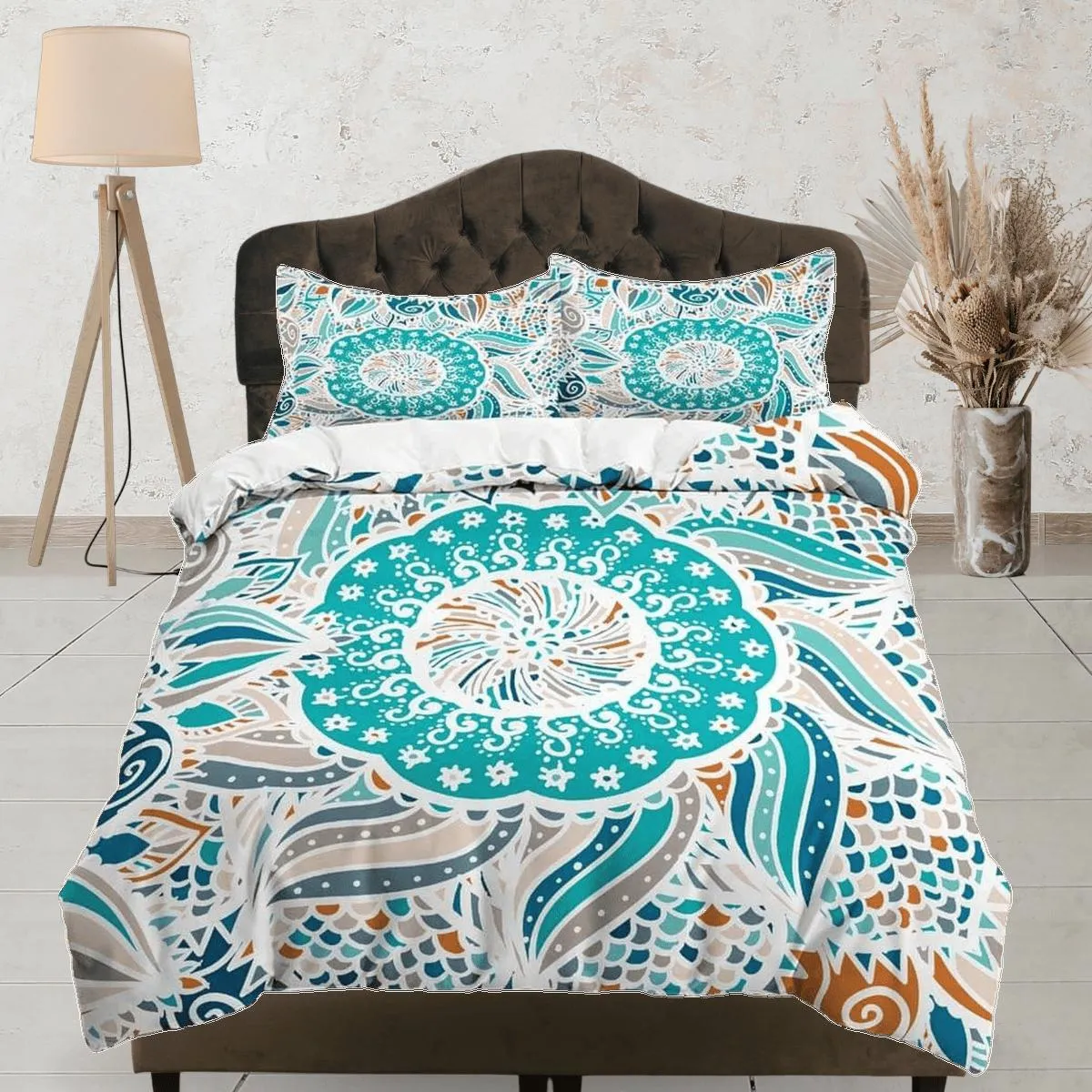 Aqua sea green patchwork quilt fish scales printed duvet cover set, aesthetic bedding set full, king, queen size, boho bedspread shabby chic