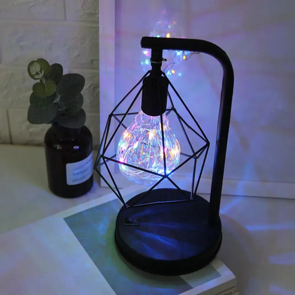 Art Deco LED Night Light for Kids' Bedroom - Black Table Lamp with Diamond Iron Cage Design