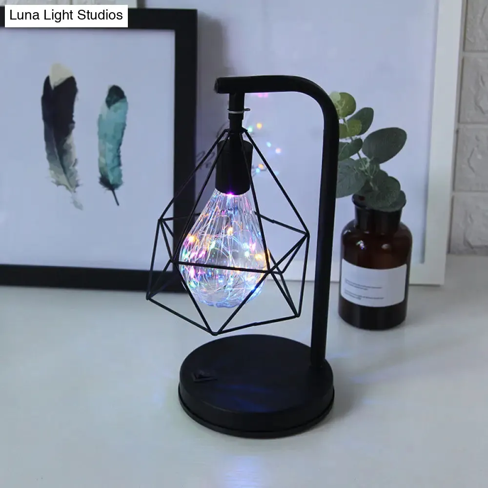 Art Deco LED Night Light for Kids' Bedroom - Black Table Lamp with Diamond Iron Cage Design